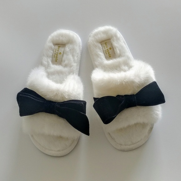 Kate Spade White Fuzzy Slippers with Black Bows - Picture 2 of 6